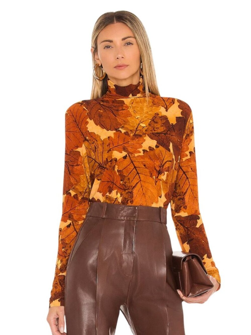 Norma Kamali Long Sleeve Turtleneck Top Fall Leaves - Size S